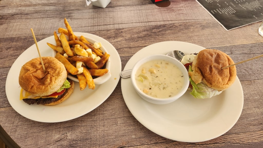 Cheeseburger with Poutine and Tidal Bay Burger with Seafood Chowder, High Tide Café