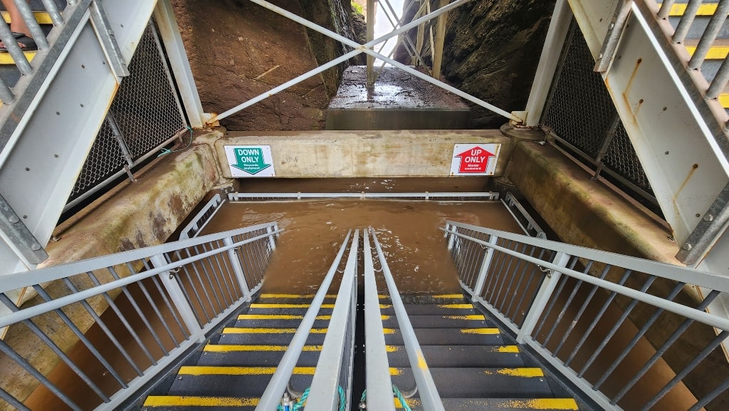 During the high tide, the stairs get partially flooded, water, staircase 