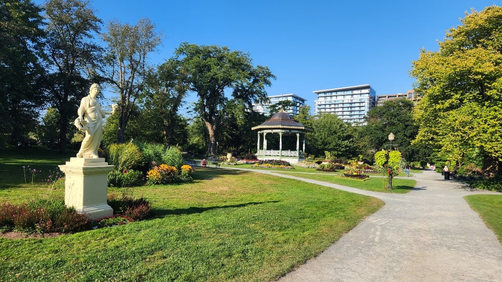 Halifax Public Gardens, marble statue, gazebo, path, nature, trees 