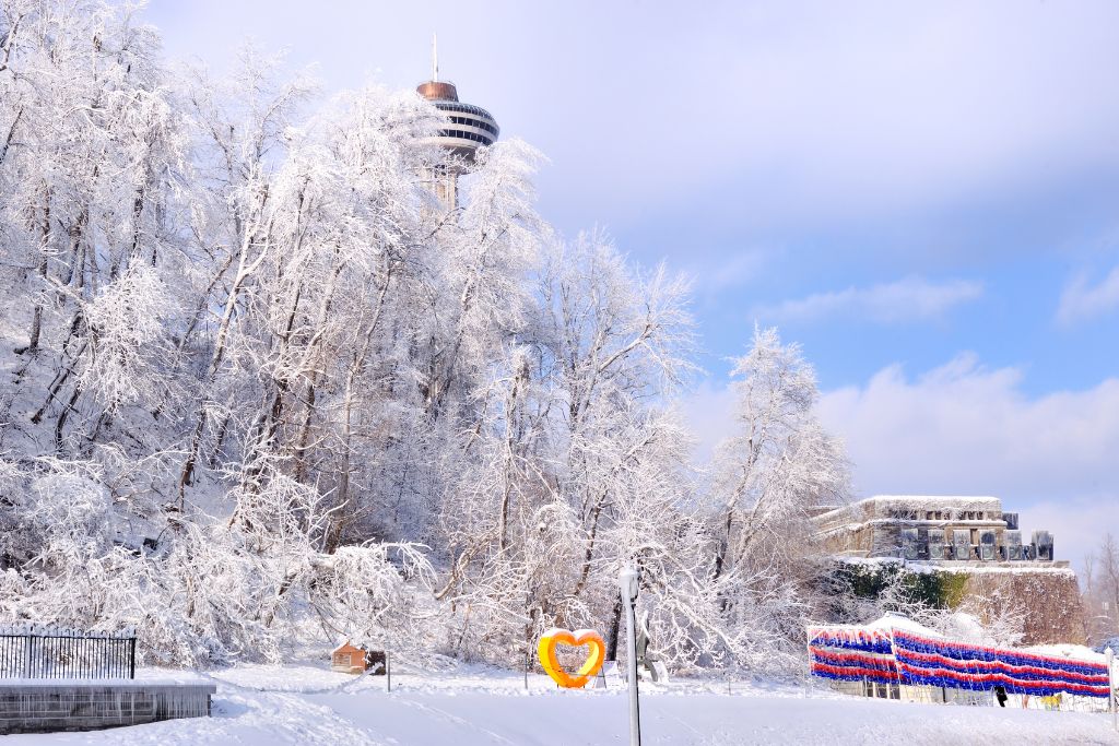 Skylon Tower in the winter, cold, frozen, snow