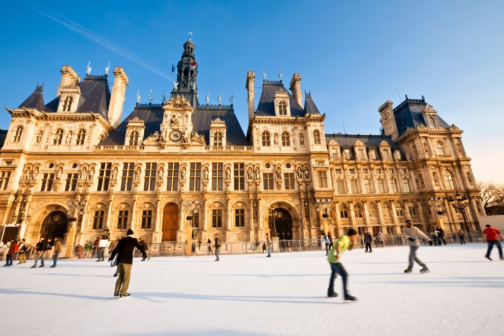 Skating in front of the Paris City Hall, winter, France 