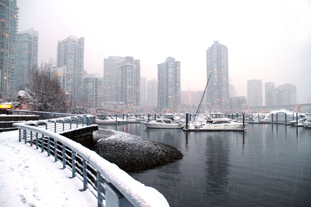 Snowy Vancouver, boats, apartment buildings 