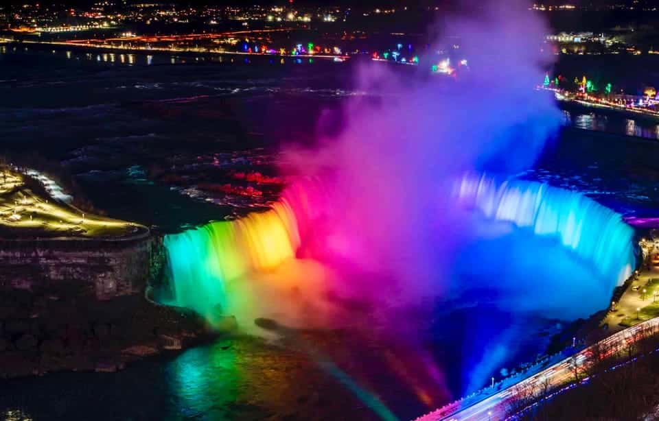 Niagara Falls illuminated in different colors 