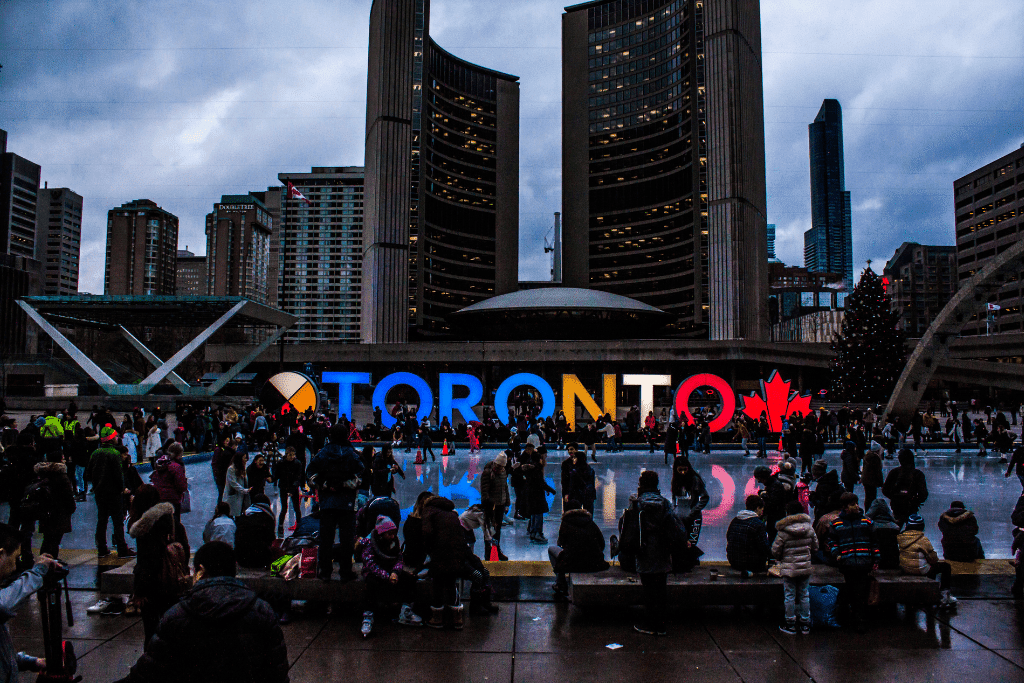 Nathan Phillips Square skating rink, City Hall in at the back