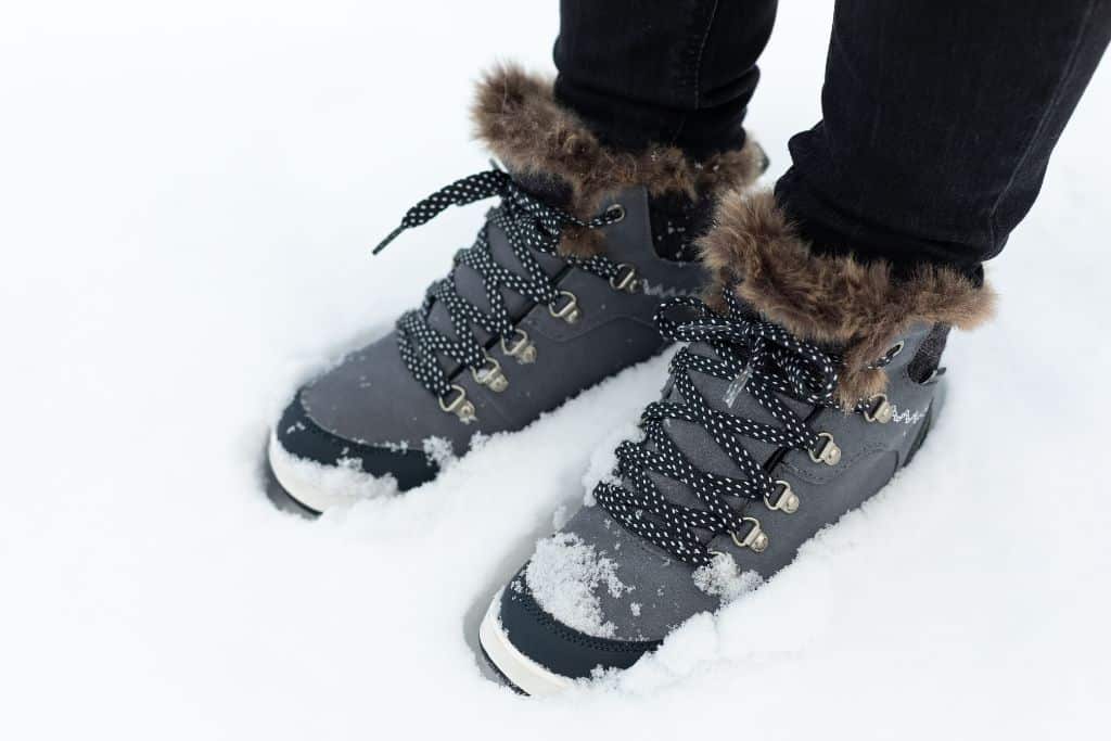 winter boots, snow, winter, close up of gray winter boots