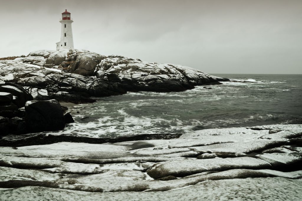 Peggy's Cove in the winter, lighthouse, rocks 