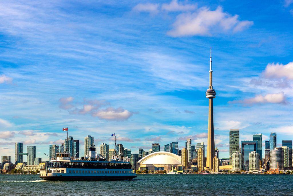 Toronto skyline, CN Tower, ferry, Ontario Lake