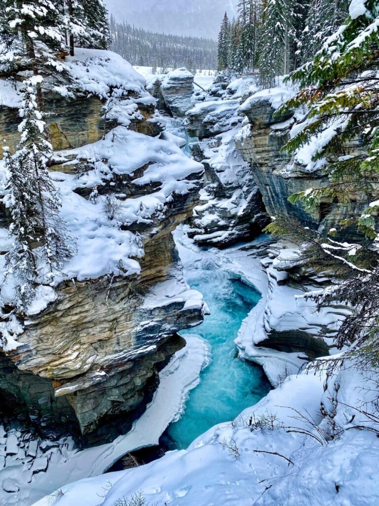 Snowy creek in Jasper, snow and ice, winter landscape 