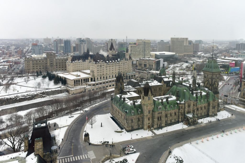 View from the Peace Tower of the Centre Block of the Canadian Parliament buildings in Ottawa