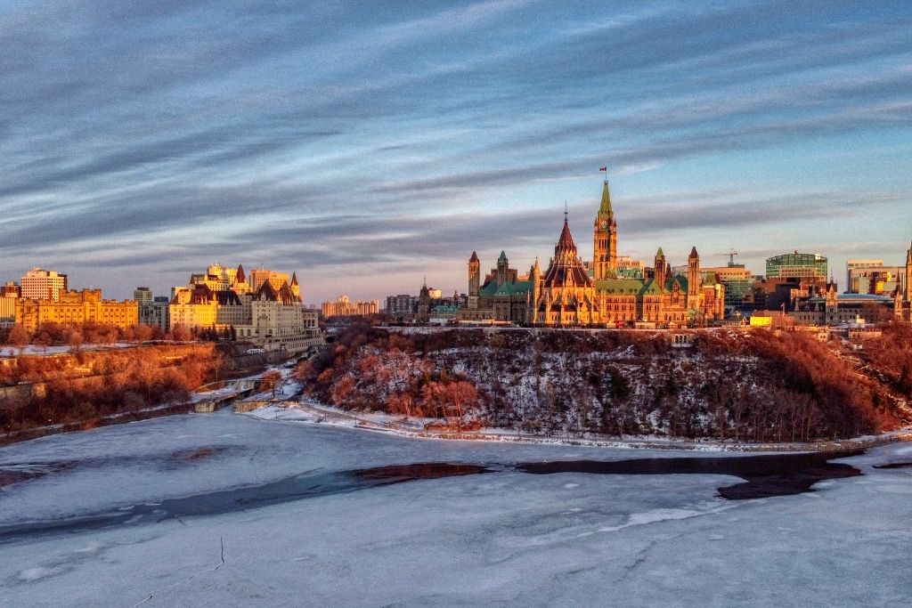 Parliament Hill and the frozen Ottawa River