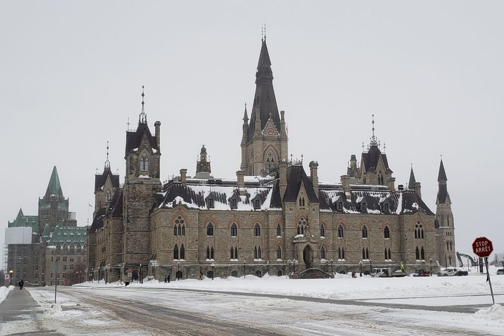 The West Block of the Canadian Parliament, winter, snow