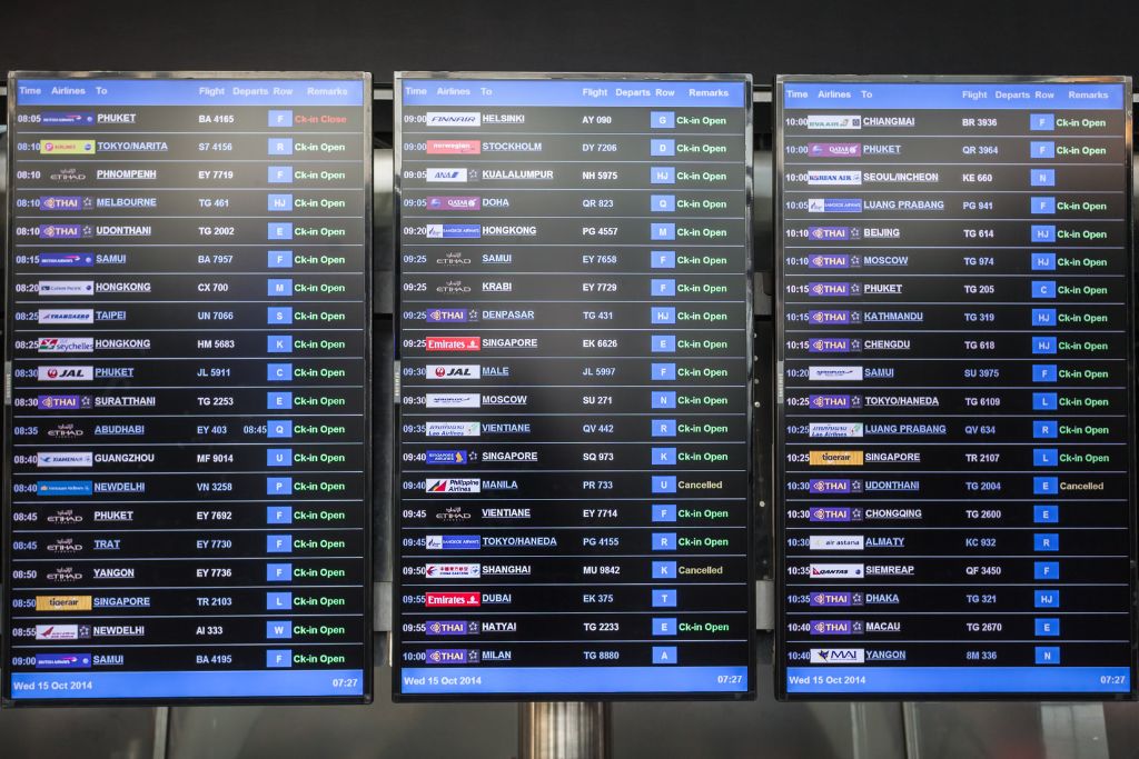 Airport monitors that show different flights, keep an eye on the departure screen or open your airline’s app to confirm your gate and whether the flight is still on time, Things To Do Right After Airport Security