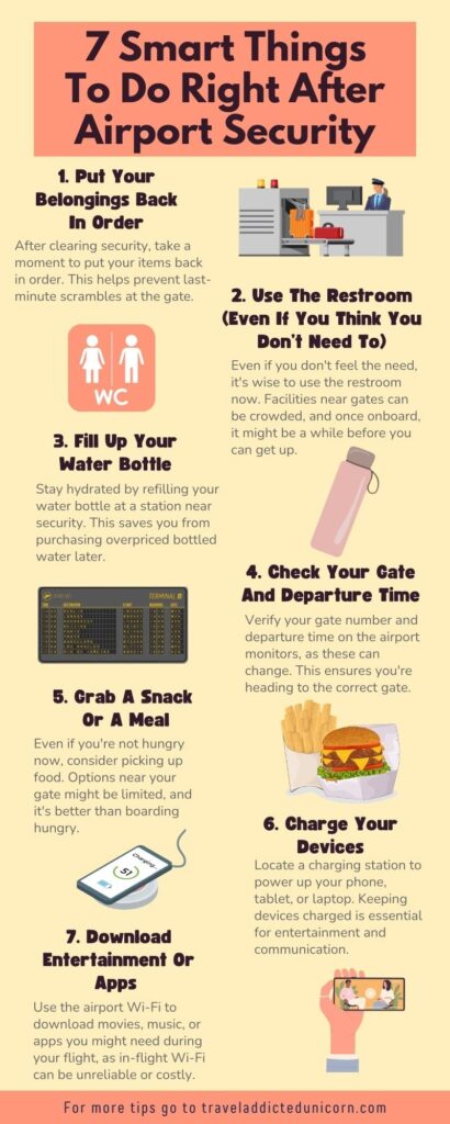 7 Smart Things To Do Right After Airport Security Infographic