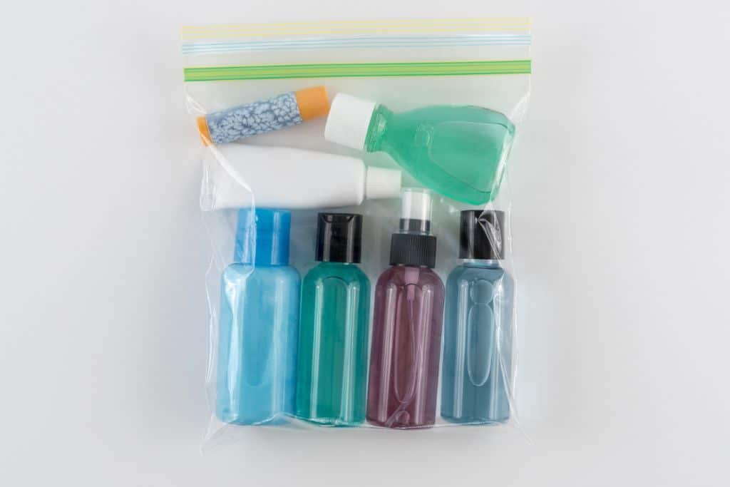 travel-sized versions of bathroom essentials, TSA-approved liquids bag, airport security liquid bag