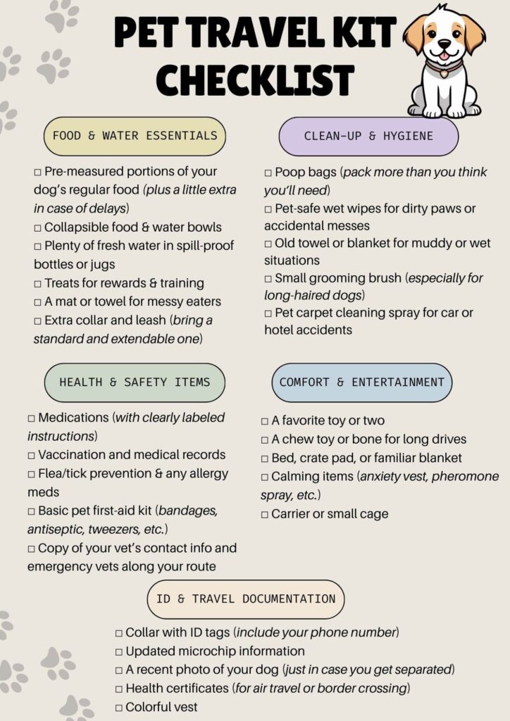 Pet Travel Kit Checklist, a checklist that helps dog parents pack all of the essentials for their next road trip