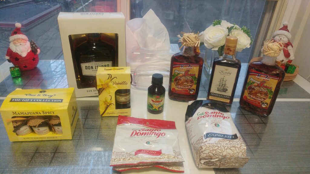 Assortment of coffee, vanilla spice and alcohol from the Dominican Republic on a glass table