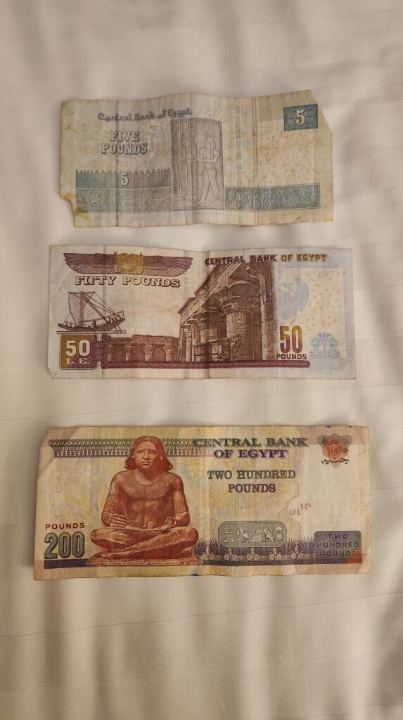 Three Egyptian Pound bills - 5, 50 and 200 pounds, currency, money