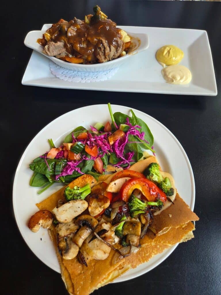 Quebecois dishes, poutine, crepe, food, eating