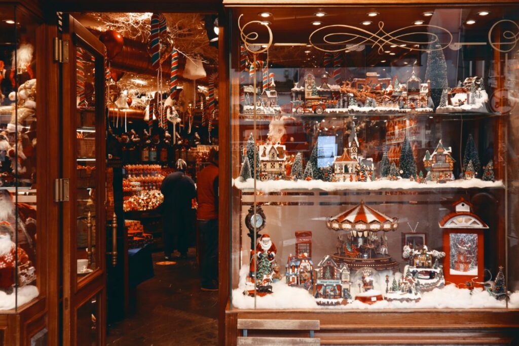 A European shop that has Christmas Ornaments, one of the souvenir ideas to collect from your travels is Christmas ornaments 