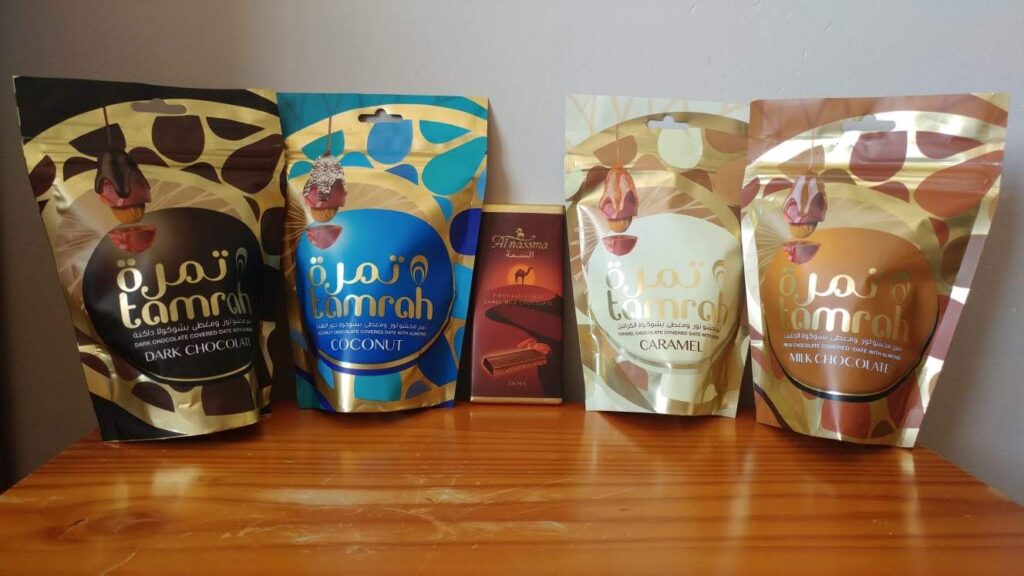 Camel milk chocolate covered dates,  one of the souvenir ideas to collect from your travels is candy wrappers 