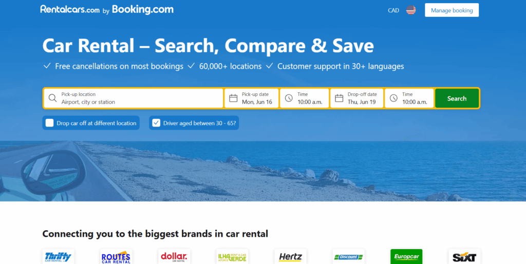 Rentalcars screenshot, renting a car, one of the travel resources for a stress-free trip is to rent a car with Rentalcars