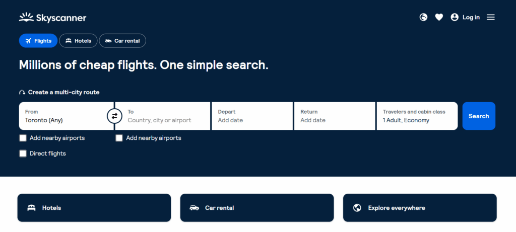 Skyscanner screenshot, how to book flights, one of the travel resources for a stress-free trip is to book your flight with Skyscanner