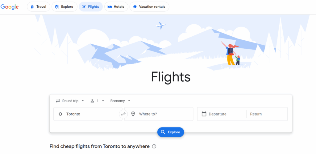 Google Flights screenshot, searching for flights 