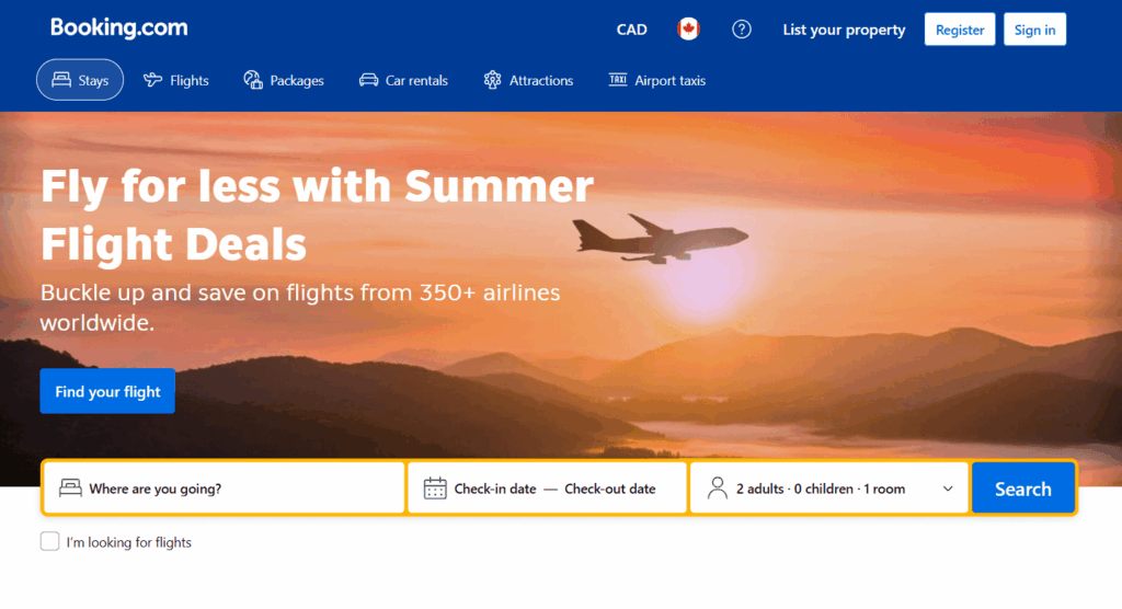 A screenshot from Booking.com, booking hotels, searching for accommodations, one of the travel resources for a stress-free trip is to book your accommodations with Booking.com