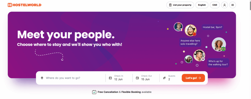 Screenshot from Hostelworld, booking a hostel