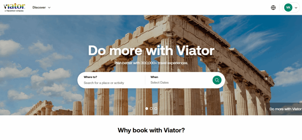Viator screenshot, booking tours, organized tour company, one of the travel resources for a stress-free trip is to book your tours with Viator