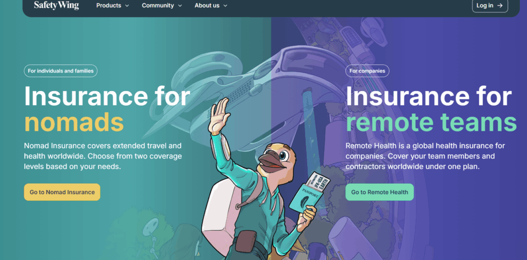 Safety Wing screenshot, insurance company for travel nomads