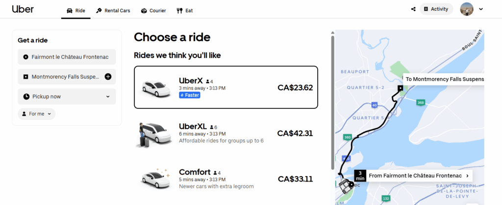 Screenshot of the Uber website interface showing ride options and estimated fares from Fairmont le Château Frontenac to Montmorency Falls