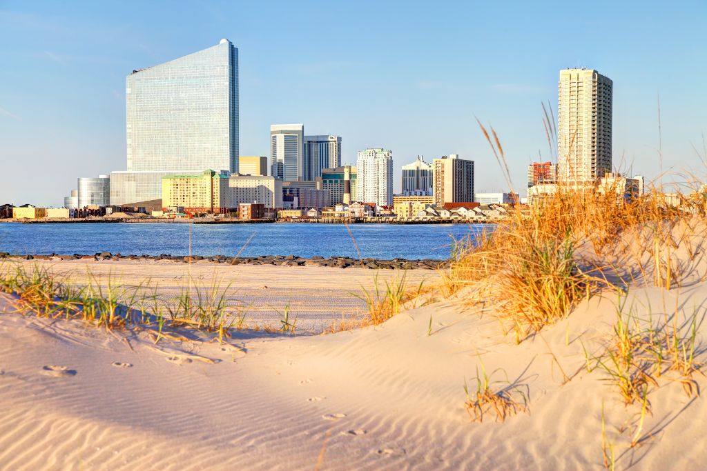 View of Atlantic City, sandy beach, hotels