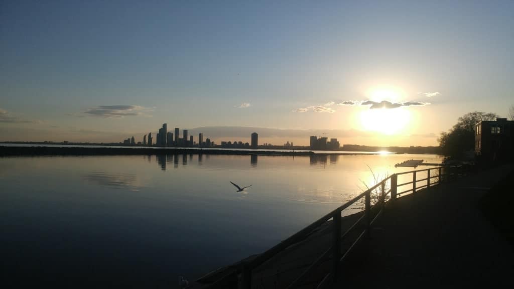 View towards Etobicoke from the waterfront, lake Ontario, sunset