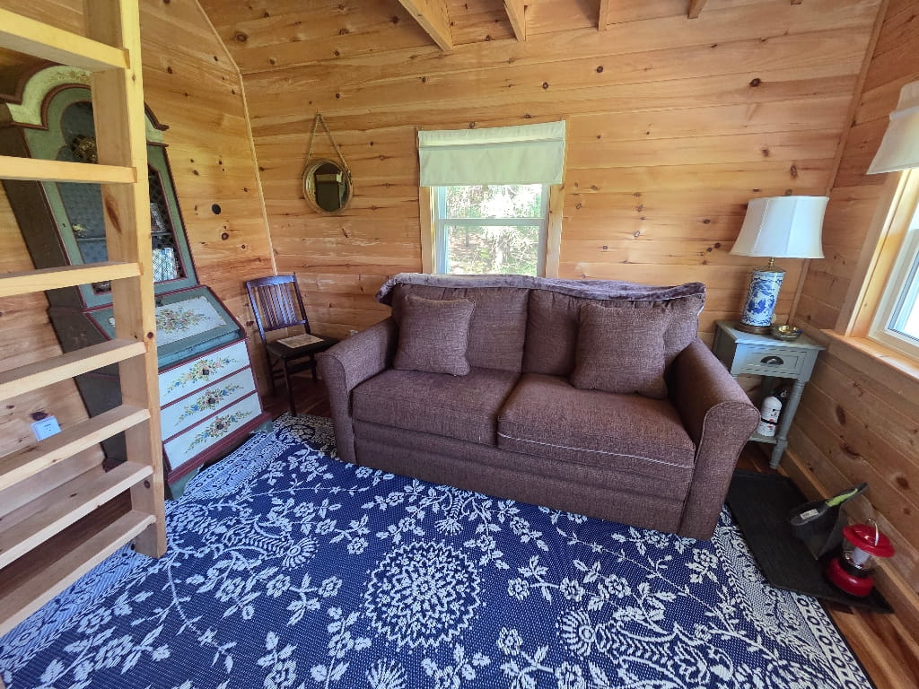 Inside the Haven in the Meadow, the interior of the cabin