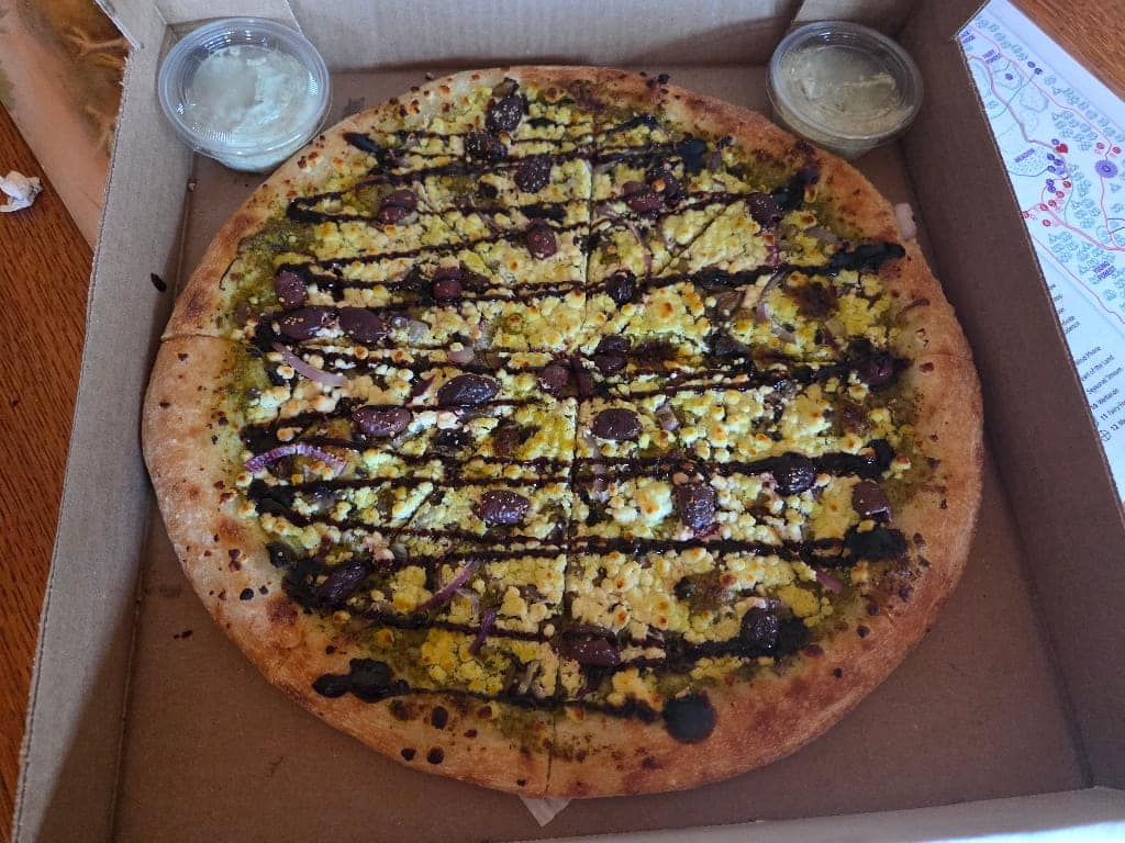 Pesto & Goat Cheese pizza, pizza in a box