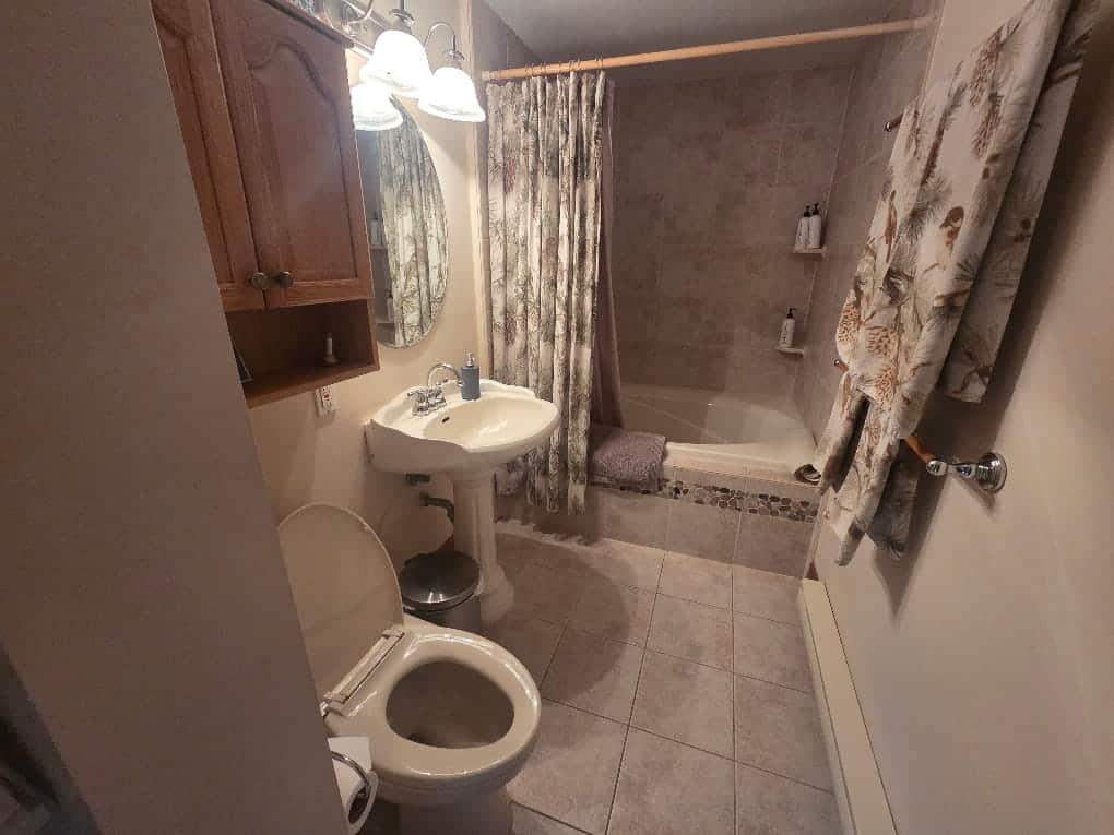 One of the washrooms in the Farmhouse, toilet and sink and bathtub