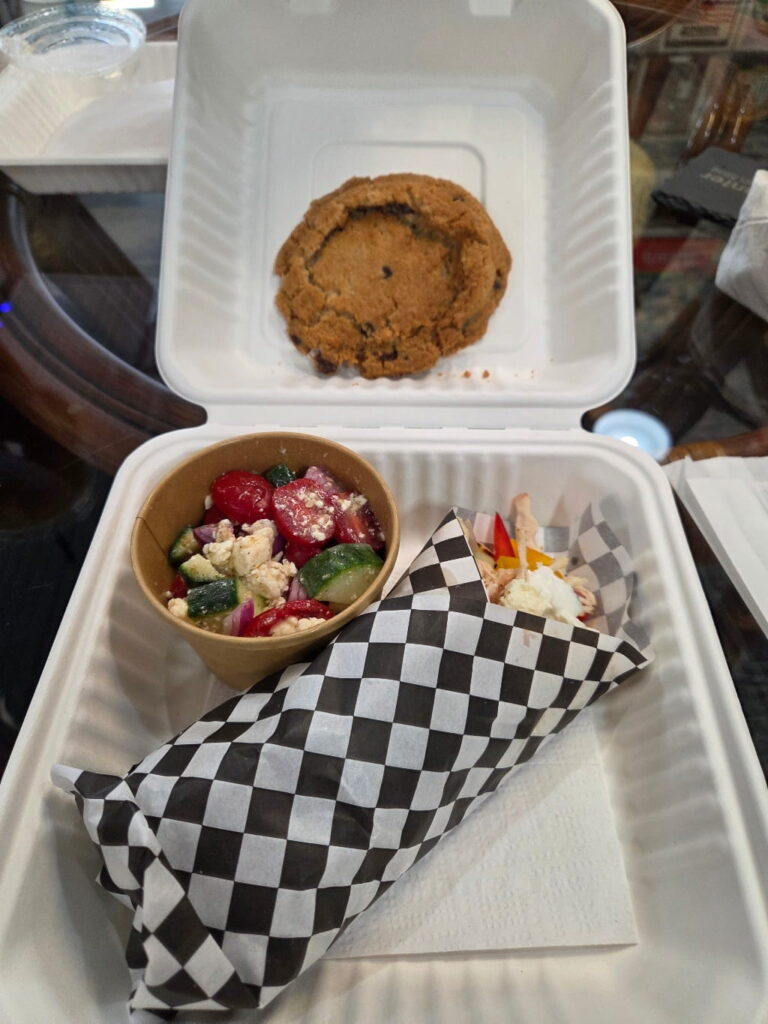 Chicken gyros with Greek salad and a chocolate chip cookie