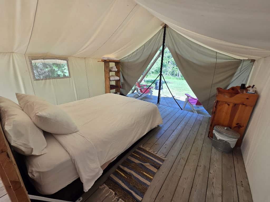 Inside the tent, bed in the tent, Homegrown Hideaway Review