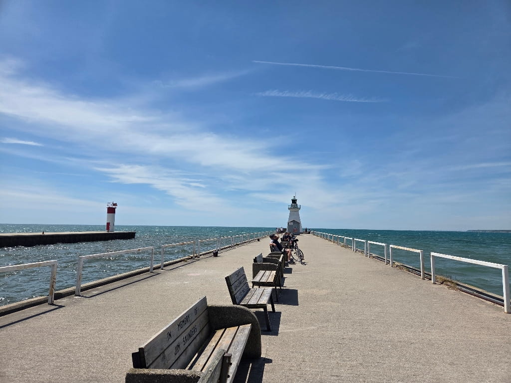 The Pier in Port Dover, lighthouse, benches on a pier