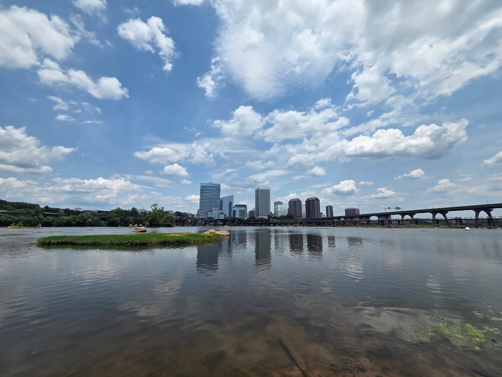 View of downtown Richmond from Belle Island, James River, large river, skyscrapers