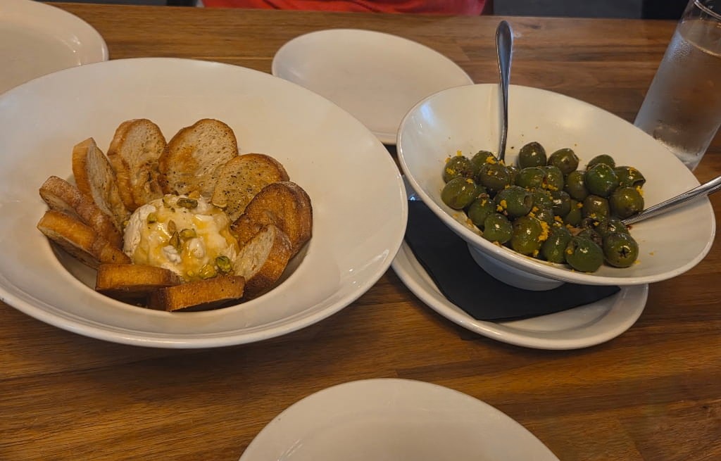 Whipped feta and warm Castelvetrano olives, appetizers, food