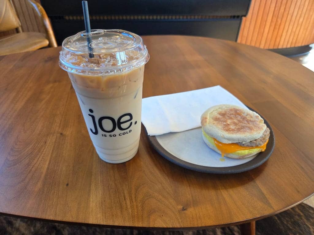 Inside JOE Hot+Cold Coffee, The Maple Pancake Ice Latte and the sausage breakfast sandwich, 3-Day Windsor-Essex Itinerary