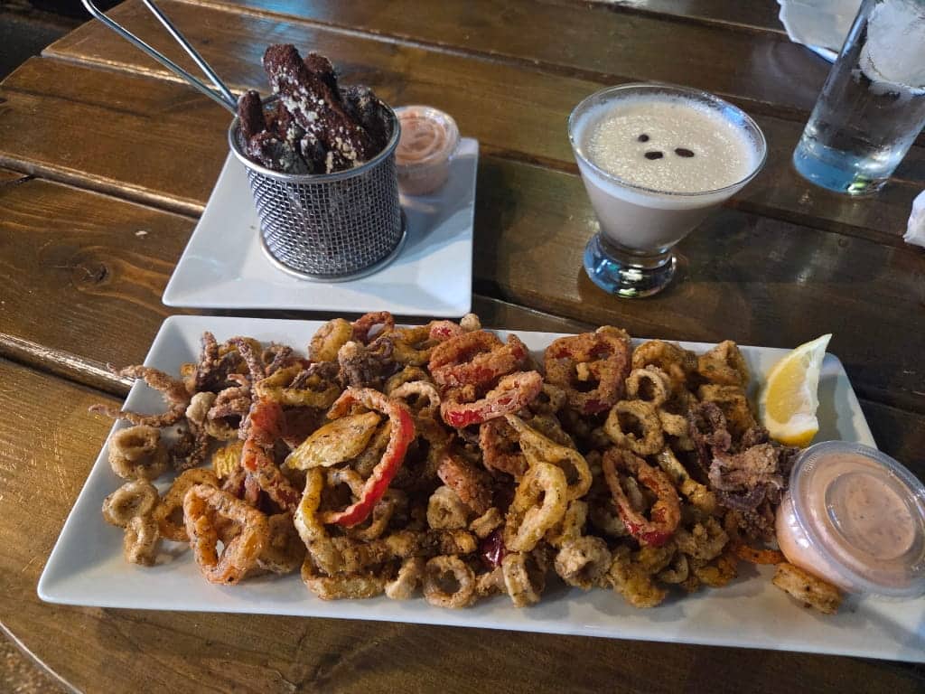 Food at Wolfhead Distillery, calamary, espresso martini, pub food