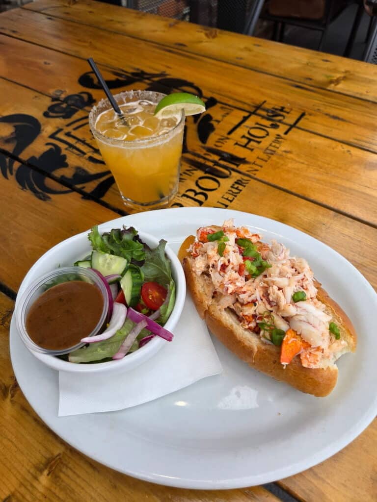 Peach Brown Sugar Margarita and lobster roll, small salad