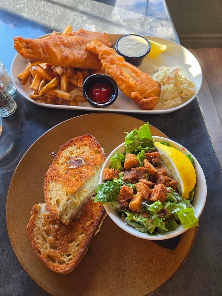 Fish and Chips and Jalapeño Poppers Grilled Cheese with Caesar Salad