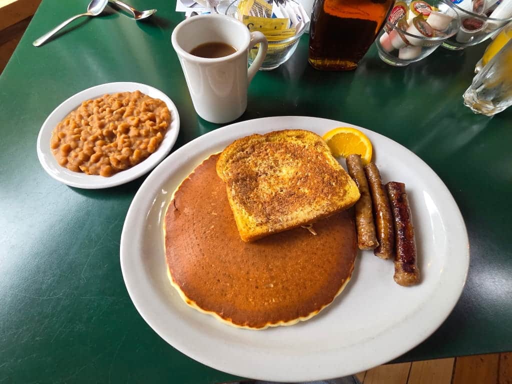 Brunch at Wheeler Maple Syrup Farm - a pancake, French toast, sausages and fried beans