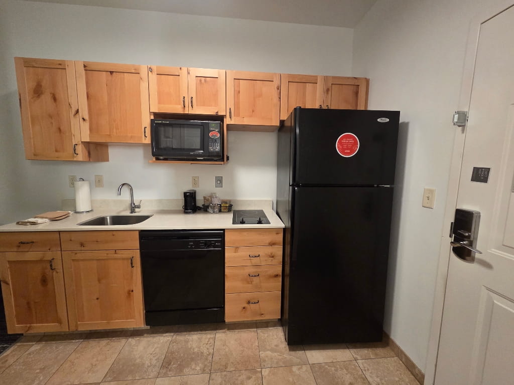 The kitchen area of the suite, hotel kitchen